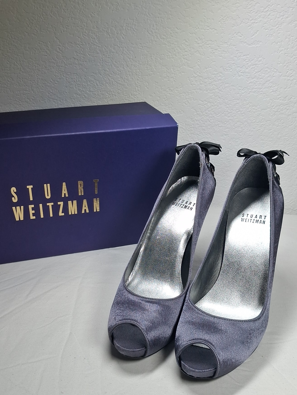 Stuart Weitzman Slate Purple Satin Peep-Toe Heels with Back Bow